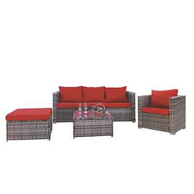 Flint 4-Piece Gray Sturdy Wicker Outdoor Patio Conversation Set with Red Cushions