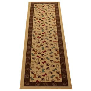 Pet Collection Bones & Paws Design Beige 2 ' Width x 7' Your Choice Length Slip Resistant Rubber Stair Runner Rug
