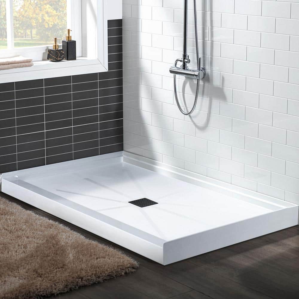 48" White Solid Surface Rectangular Shower Pan with Matte Black Drain Cover