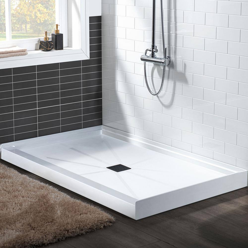 60" White Solid Surface Rectangular Shower Pan with Matte Black Drain Cover