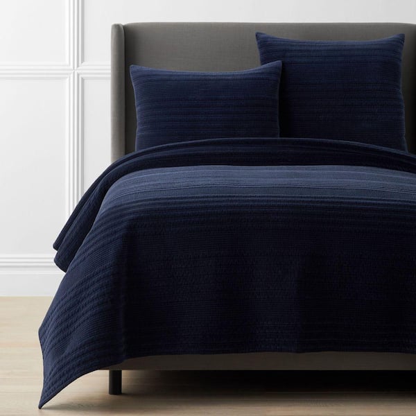 Line Stitch Velvet Quilt - Navy, King/Cal. King