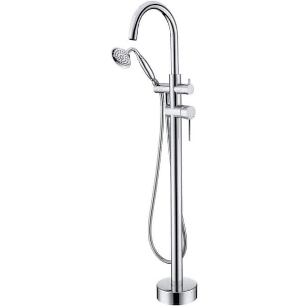 AKLFGN Double Handle Claw Foot Tub Faucet Freestanding Floor Mount Roman Tub Faucet with Hand Shower in Chrome