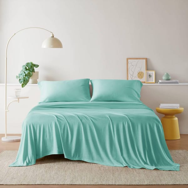 Cotton Blend Jersey Knit 4-Piece Aqua Cotton Blend Full All Season Sheet Set