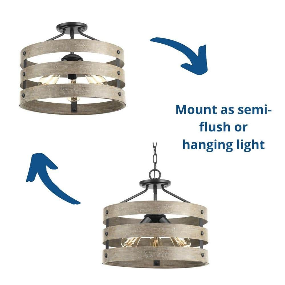 Gulliver Graphite & Wood-Grain 17" Drum Semi-Flush Ceiling Light