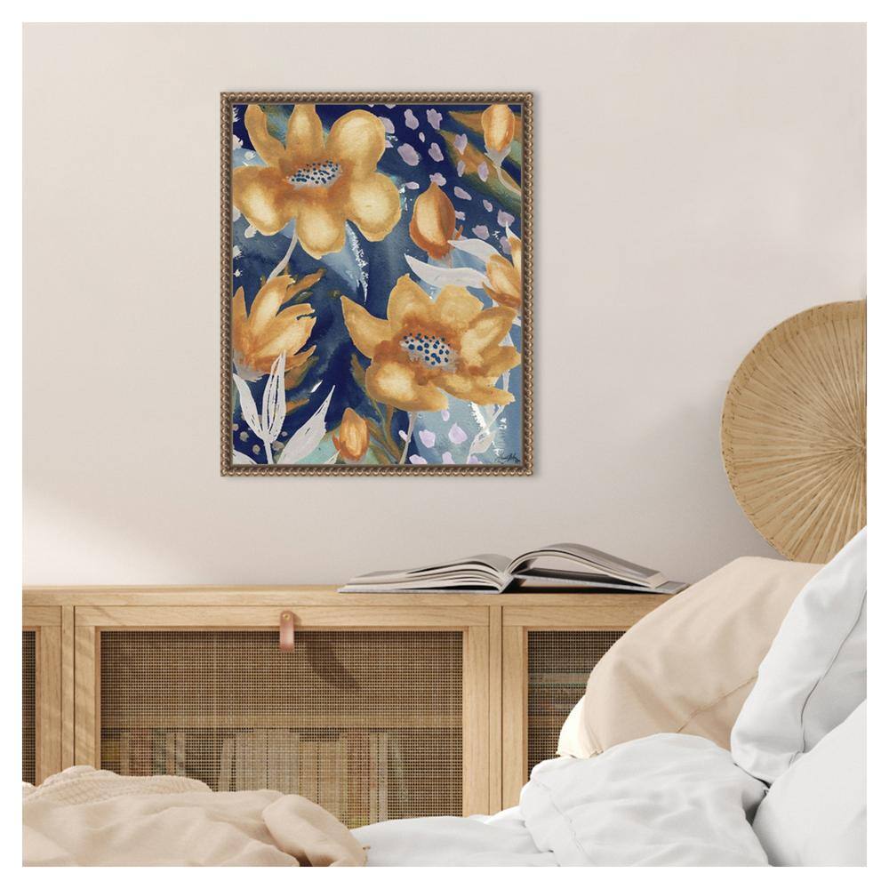 Golden Floral and Silver Petals Beaded Framed Canvas Wall Art