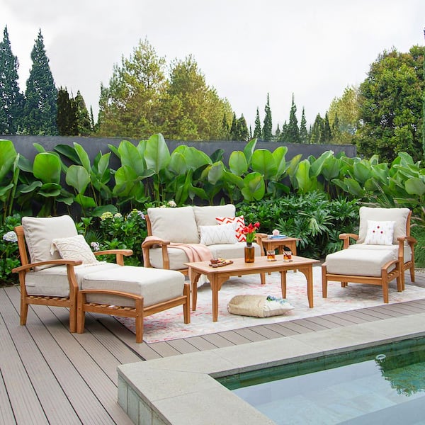 Cambridge Casual Torrey 7-Piece Teak Outdoor Patio Conversation Set with Tan Cushion