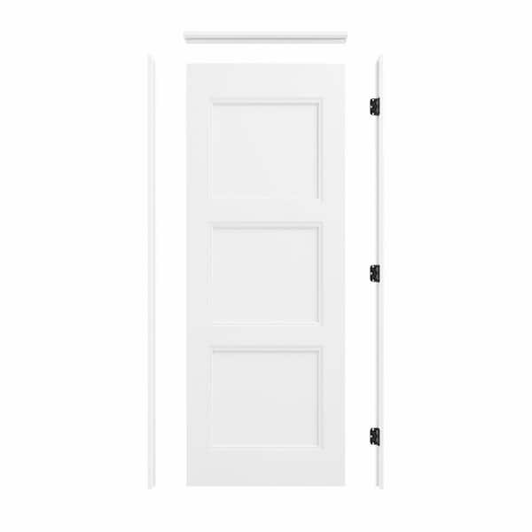 28 in. x 80 in. 3-Panel Left-Handed Painted Solid Core Wood Interior Prehung Door Kit with Quick Assemble Jamb