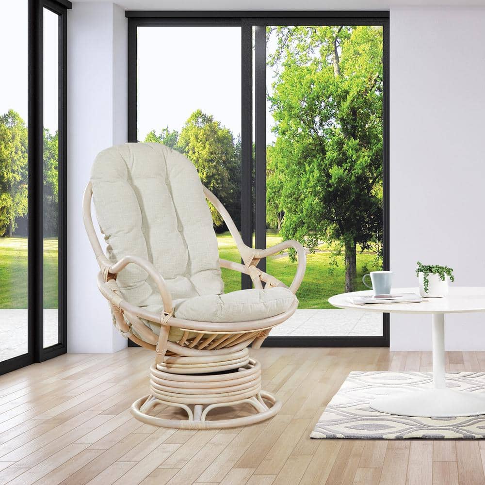 Lanai White Wash Rattan Swivel Rocker Chair with Linen Cushion