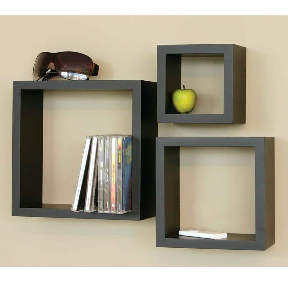 Sleek Black Floating Cube Wall Shelves, Set of 3
