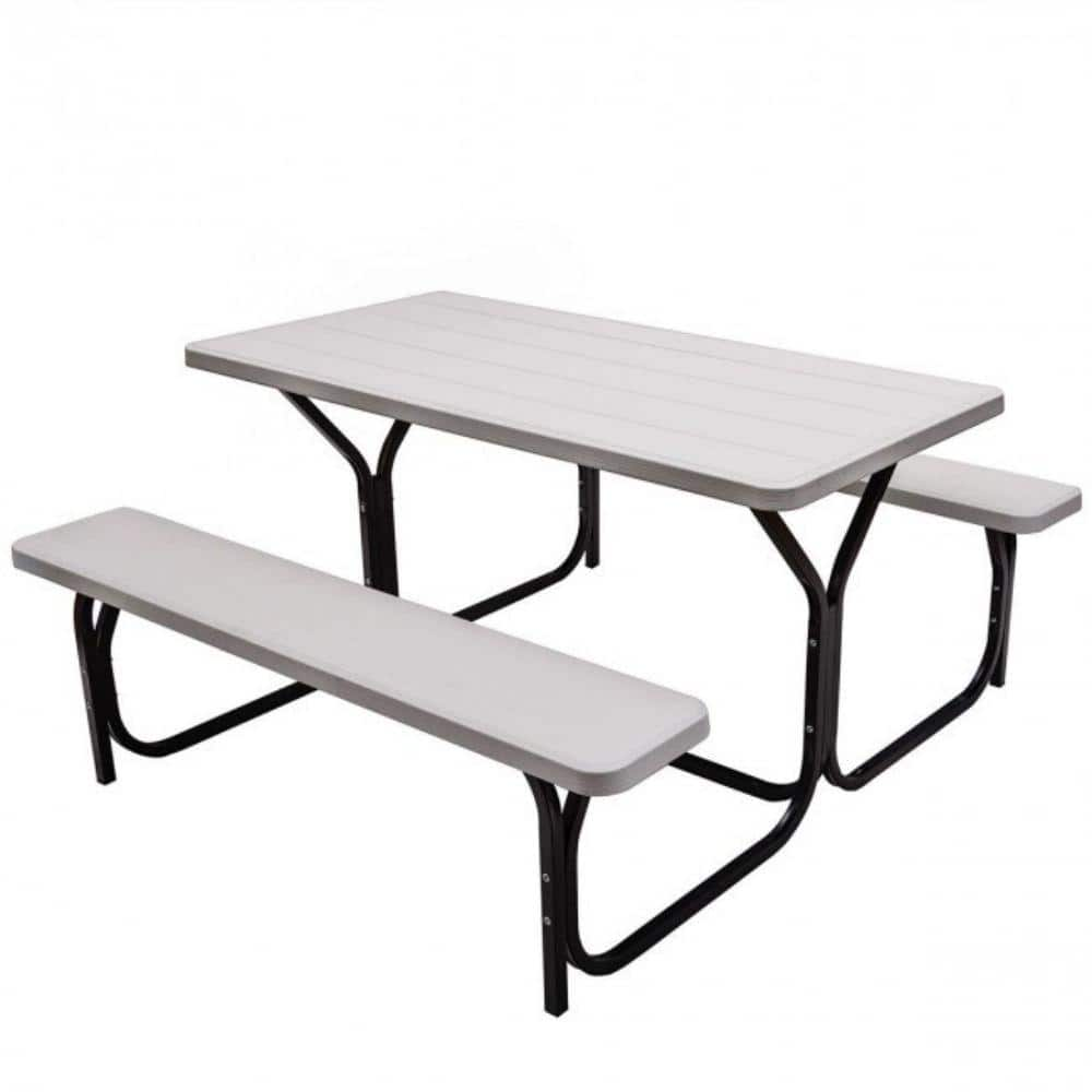 Alpulon All-Weather Metal Outdoor Picnic Table Bench Set with Metal Base Wood