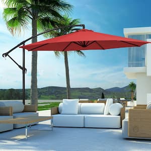 10 ft. Offset 8 Ribs Metal Cantilever Patio Umbrella with Crank for Poolside Yard Lawn Garden in Red