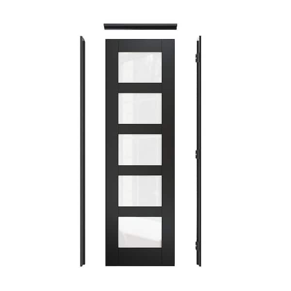 24 in. x 80 in. 5-Lite Frosted Glass Left-Hand Black Solid Core Wood Assembly Required Single Interior Door with Jamb