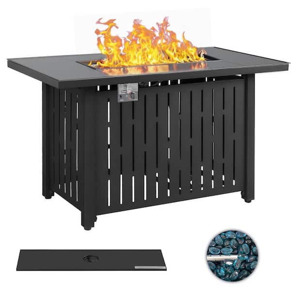 Tozey 43 in. 50,000 BTU Black Steel Propane Fire Pit Table with Blue Fire Beads, Lid and Cover