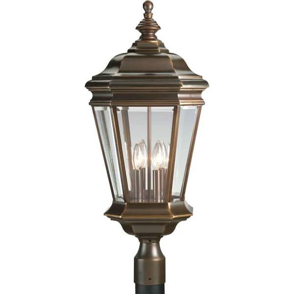 Progress Lighting Crawford Collection 4-Light Oil Rubbed Bronze Clear Beveled Glass New Traditional Outdoor Post Lantern Light