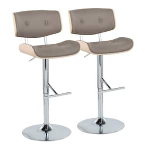 Lombardi 34 in. Light Grey Faux Leather, Natural Wood & Chrome Metal Adjustable Bar Stool Straight T Footrest (Set of 2)