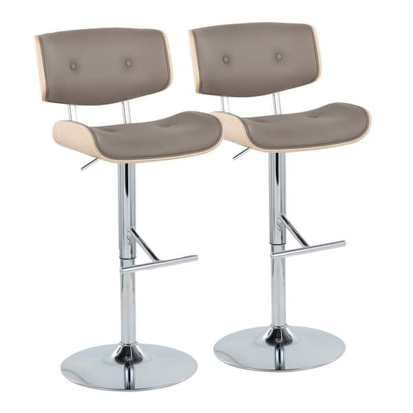 Lumisource Lombardi 34 in. Light Grey Faux Leather, Natural Wood & Chrome Metal Adjustable Bar Stool Straight T Footrest (Set of 2)