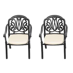 Black Stackable Cast Aluminum Patio Outdoor Dining Chairs with Random Color Seat Cushions (Set of 2)