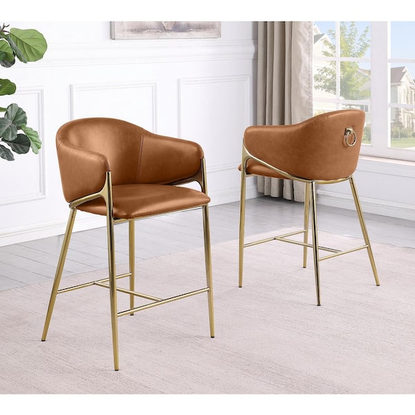Esme 40 in H. Toffee Color Low Back Metal Frame Bar Stool With Leath-Aire Upholstery Set of 2