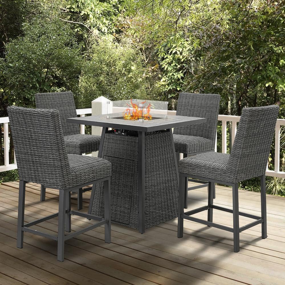 5-Pieces Wicker Patio Fire Pit Set with Propane Fire Table, Outdoor Convers