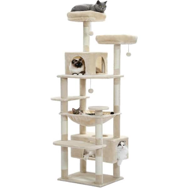ATENGNES 72 in. Large Beige Cat Tower Condo with Scratching Posts and Pads, 2 Padded Perch, Dual Condo and Basket for Indoor Cats