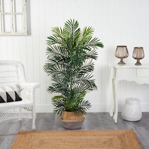 5 ft. Areca Artificial Palm Tree in Boho Chic Handmade Cotton and Jute Gray Woven Planter UV Resistant (Indoor/Outdoor)