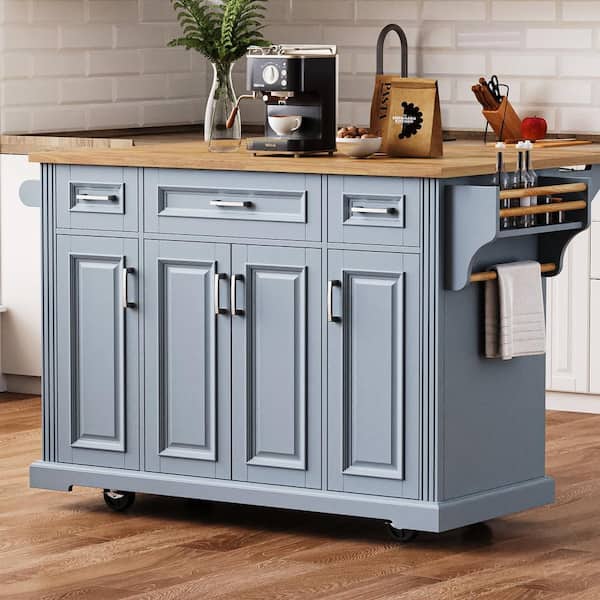 Gray Blue Wood 54 in. Rolling Kitchen Island with Rubber Wood Drop Leaf, 4-Doors and 3-Drawers