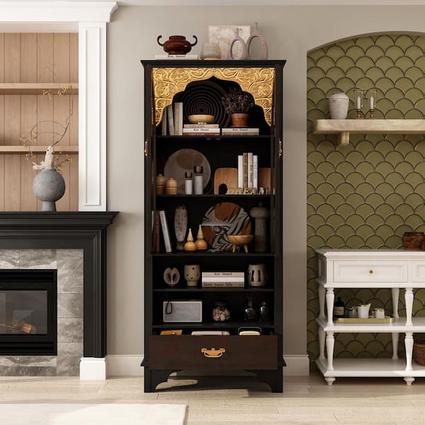 FUFU&GAGA Black with Gold Accents 71.9 in. Storage Cabinet with