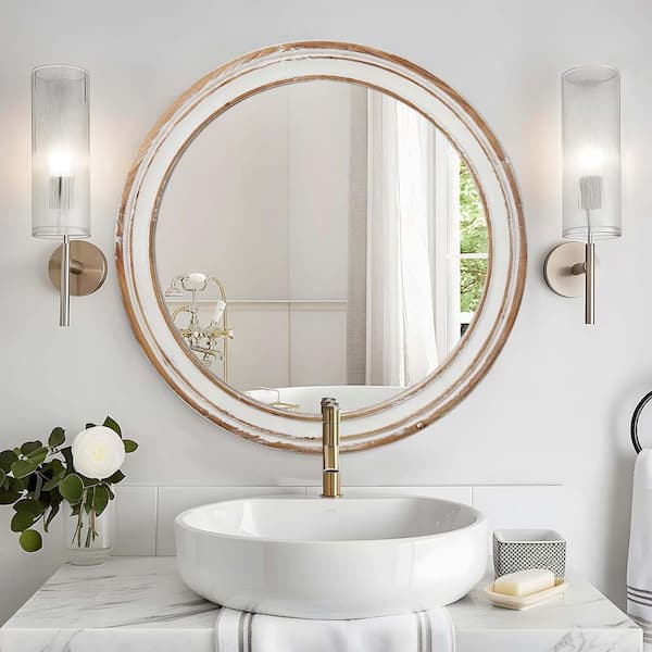 Avex White 35.4 in. W x 35.4 in. H Art Deco Round Wooden Framed Mirror