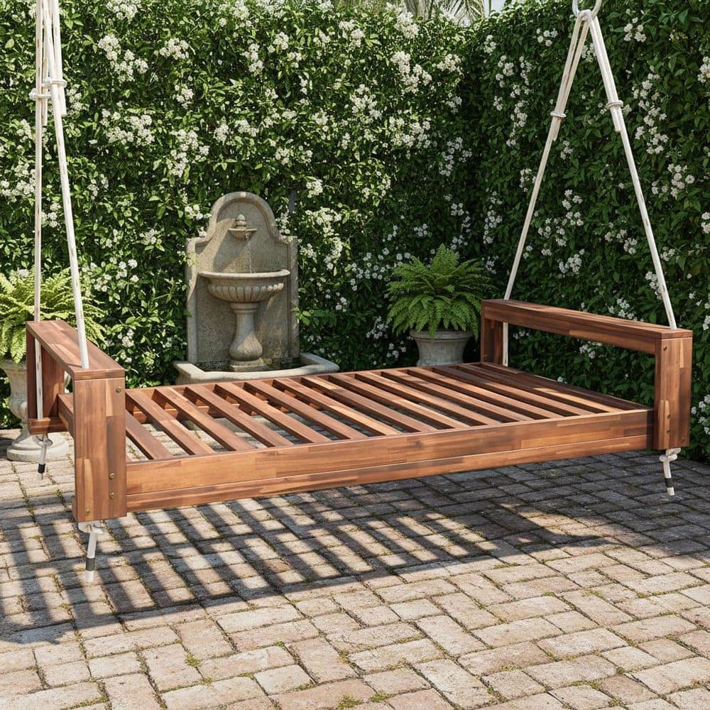 Moni 2-Person Gray Wood Porch Swing, Patio Swing Chair Double Hammock