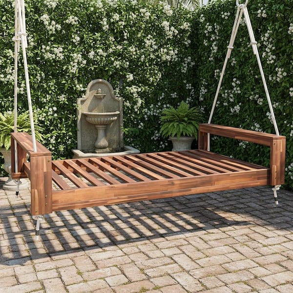 Natural 86 in. 2-Person Wood Porch Swing, Modern Twin Size Patio