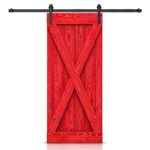 CALHOME 30 in. x 84 in. X Bar Ready To Hang Wire Brushed Red Thermally Modified Solid Wood Sliding Barn Door with Hardware Kit
