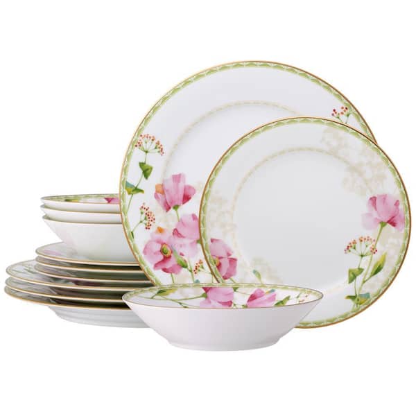 Poppy Place (White and Pink) Porcelain 12-Piece Dinnerware Set, Service for 4