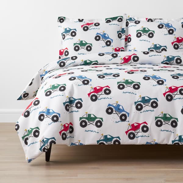 Company Kids by The Company Store Company Kids Monster Trucks 3-Piece Multicolored Organic Cotton Percale Full Duvet Cover Set