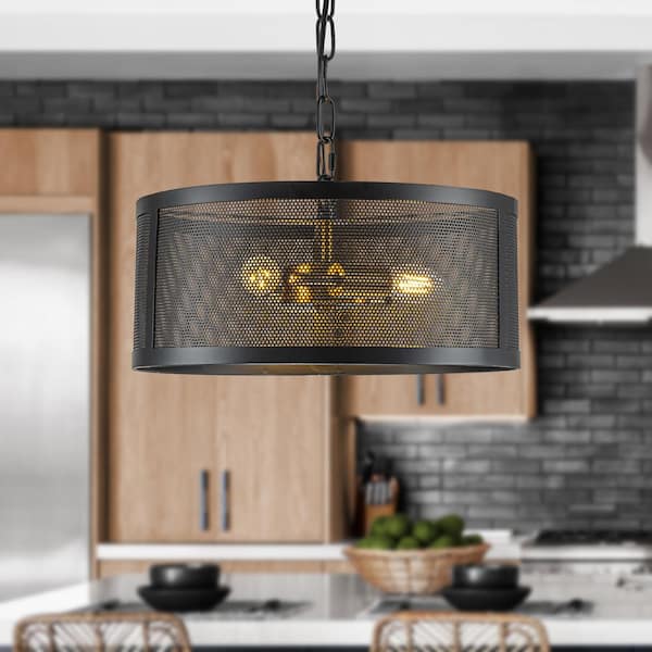 ALOA DECOR 14 in. 3-Light Industrial Drum Chandelier Farmhouse Lantern Pendant Light with Matte Black Open Cage Shade