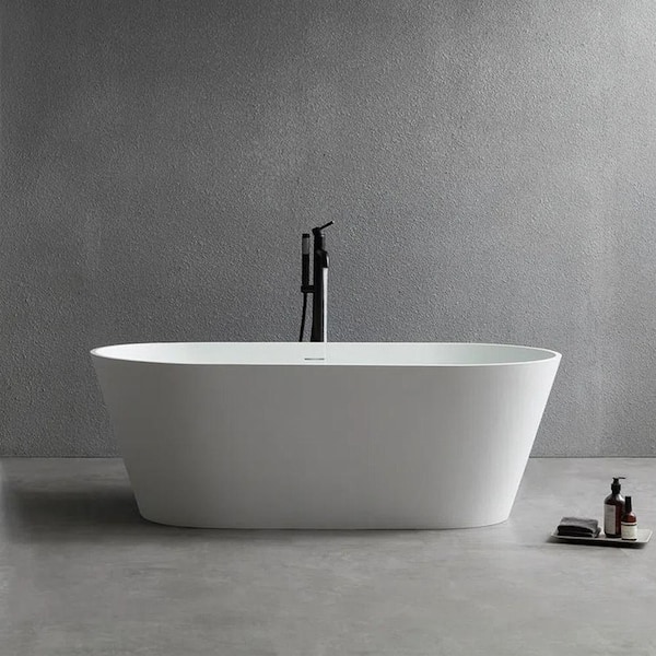 ANGELES HOME 67 in. x 31.5 in. Solid Surface Stone Resin Freestanding Soaking Bathtub with Center Drain in Matte White