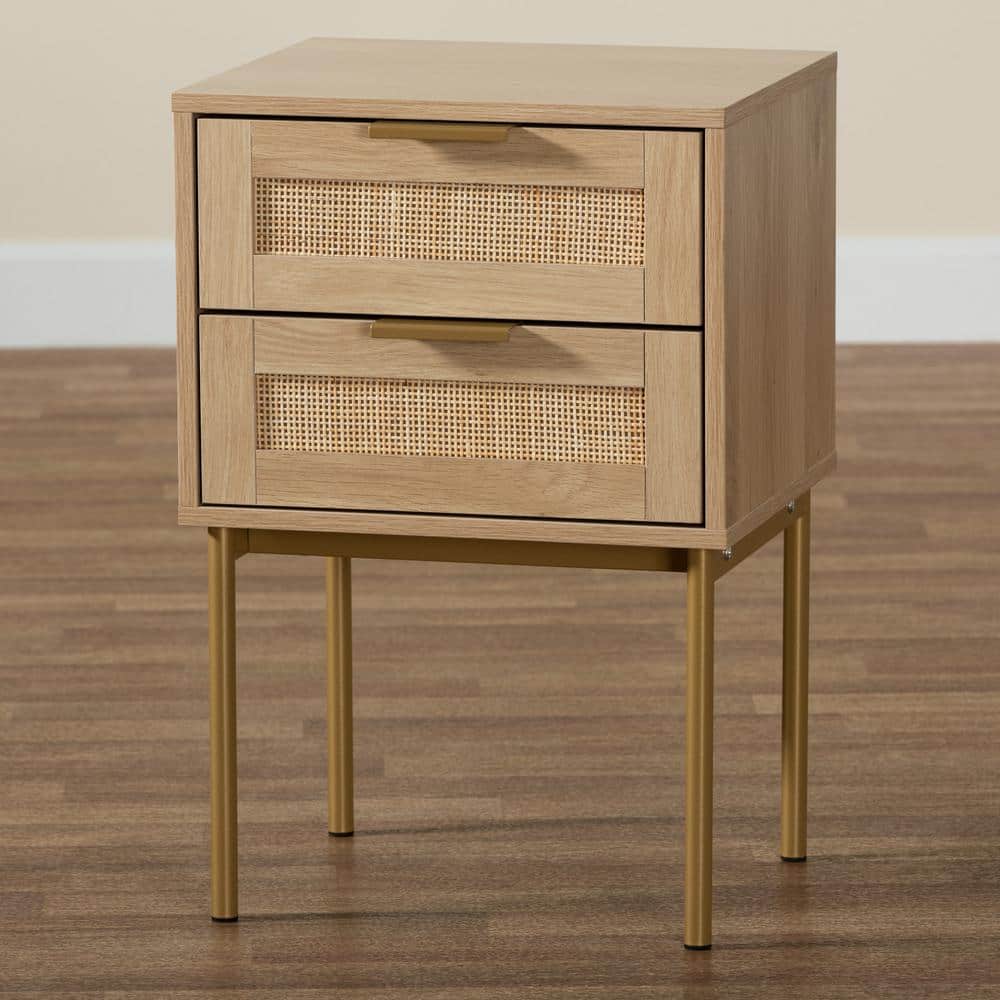 Japandi Light Brown Wood and Gold Metal 2-Drawer End Table with Rattan Fronts