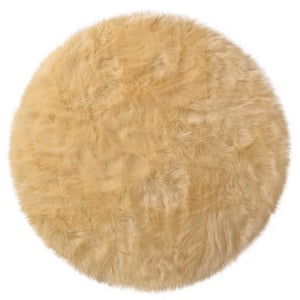 Sheepskin Faux Furry Pale Yellow Cozy Rugs 3 ft. x 3 ft. Round Area Rug