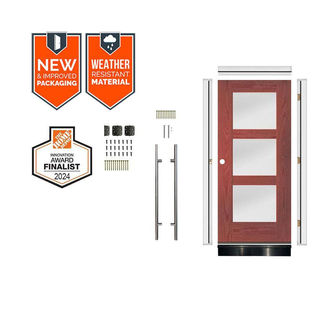 DIY Faux Pivot 36 x 79 in. 3-Lite Right-Hand Frosted Glass Redwood Stain Fiberglass Front Door Kit w/Quick Assemble Jamb price history on PriceWatchPro