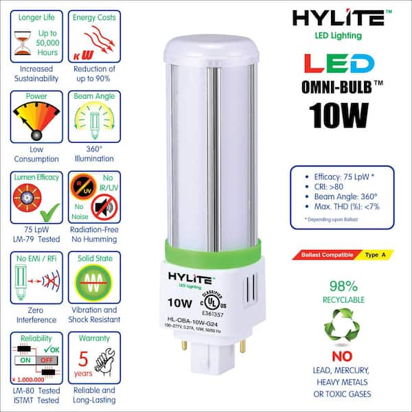 Autorisatie Aanpassing Wolkenkrabber Hy-Lite 10W Omni-Bulb LED Lamp 18W/26W/32W CFL Equivalent 4000K 750 Lumens  Ballast Compatible 120-277V UL Listed ((10-Pack)) HL-OBA-10W-G24-40K - The  Home Depot