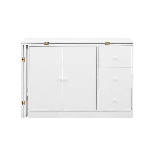 JUJABU White Wood 40.5 in. Kitchen Island Sideboard with Dining Table and Adjustable Pull-Out Top for Living Room