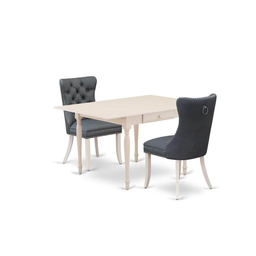 3-Piece Linen White Finish Rectangular Solid Wood Top with Dropleaf Dining Table Set