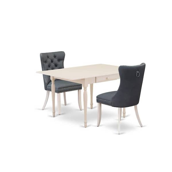 East West Furniture 3-Piece Linen White Finish Rectangular Solid Wood Top with Dropleaf Dining Table Set