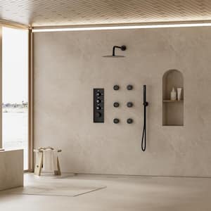 Thermostatic Valve 12 in. Wall Mount Triple Handle 7-Spray Patterns Shower Faucet With 6-Jets in Matte Black