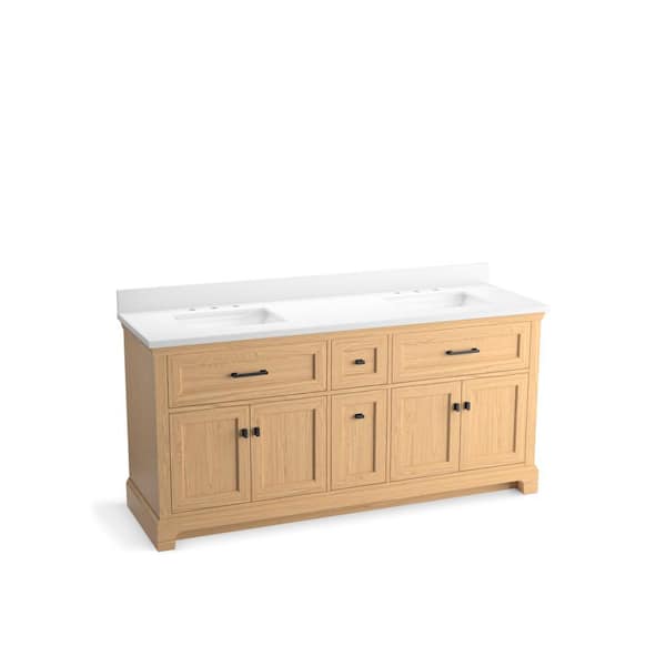 Charlemont 73.75in. Double Sink Freestanding Light Oak Bath Vanity with White Quartz Top Assembled