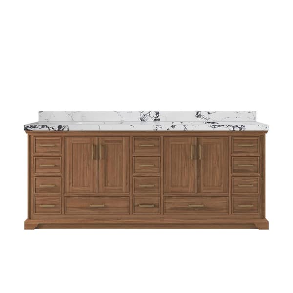 Willow Collections Charlotte Teak 84 in. W x 22 in. D x 36 in. H Double Sink Bath Vanity in Dark Natural with 2 in. Viola Night Top