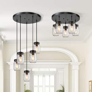 Modern Farmhouse 5-Light Black DIY Cluster Chandelier with Mason Jar Glass Shades for Kitchen Island Foyer