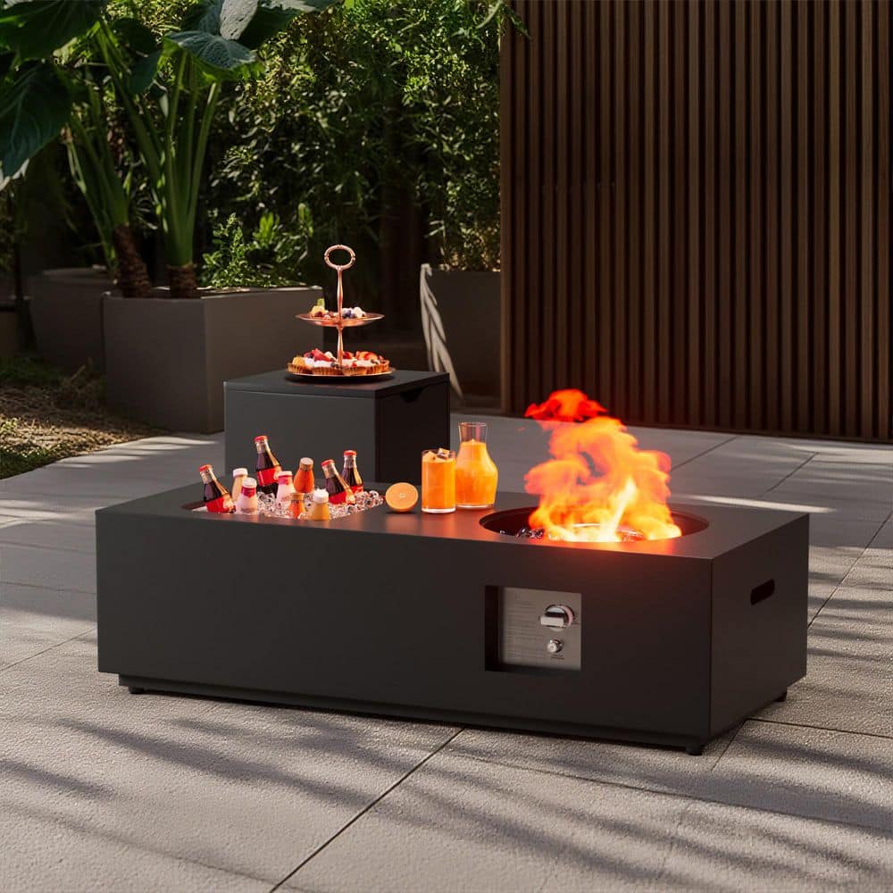 48 in. Rectangular Coating Steel Gas Fire Pit Table with 50,000 BTU, Stainless Steel Ice Bucket, Tank Cover for Patio