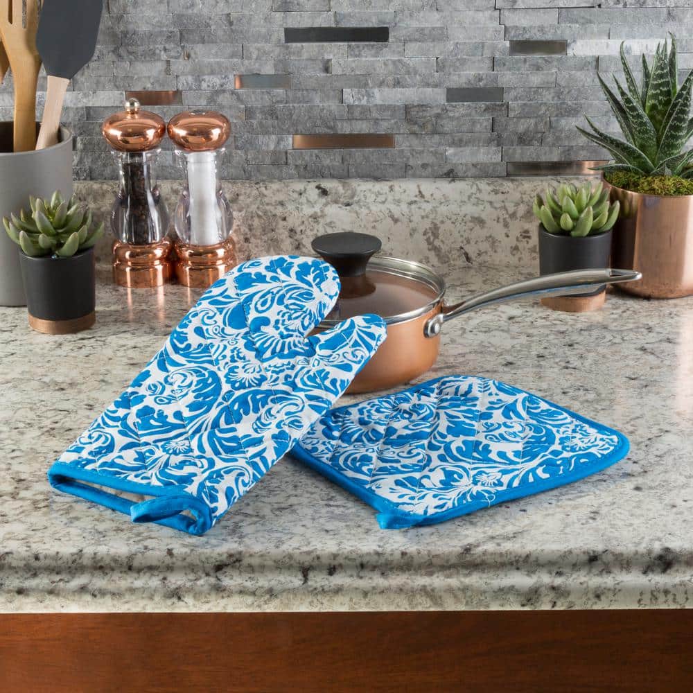 Blue and White Cotton Quilted Oven Mitt and Pot Holder Set