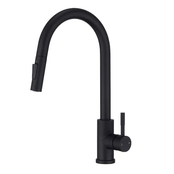 Mondawe High Arc Single Handle Surface Mount Pull Down Kitchen Faucet in Matte Black SUS Stainless Steel