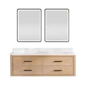 Cristo 60 in. W x 22 in. D x 20.6 in. H Double Sink Bath Vanity in Fir Wood Brown with White Quartz Stone Top and Mirror